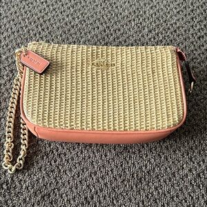 Coach Beige and Coral Straw Wristlet
